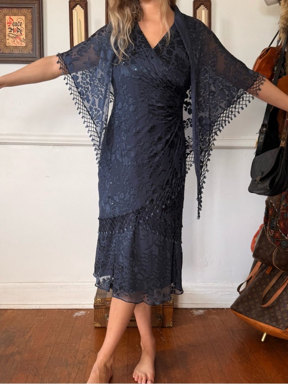 Alex Evenings Navy Petite Evening Dress with Lace Accents With Matching Shawl